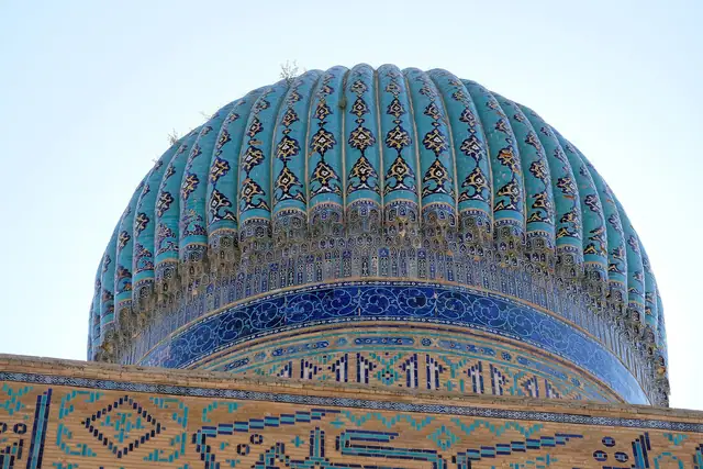Turkestan: close view of the ribbed glazed dome of the Yasawi mausoleum
